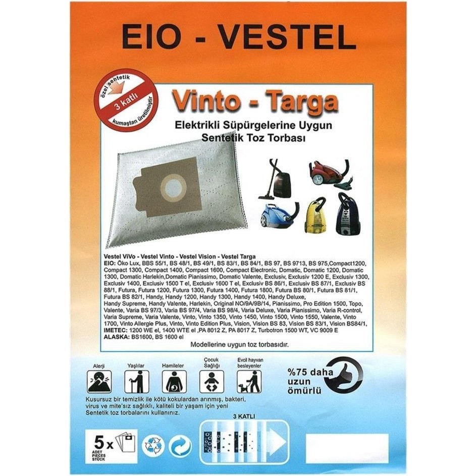 Abnturk Özel Üretim 5 Adet Vestel Vision-Targa Süpürge Toz Torbası %100 Toz Korumalı 3 Kat Elyaf Elektrikli Süpürge Aksesuarları Fiyatı