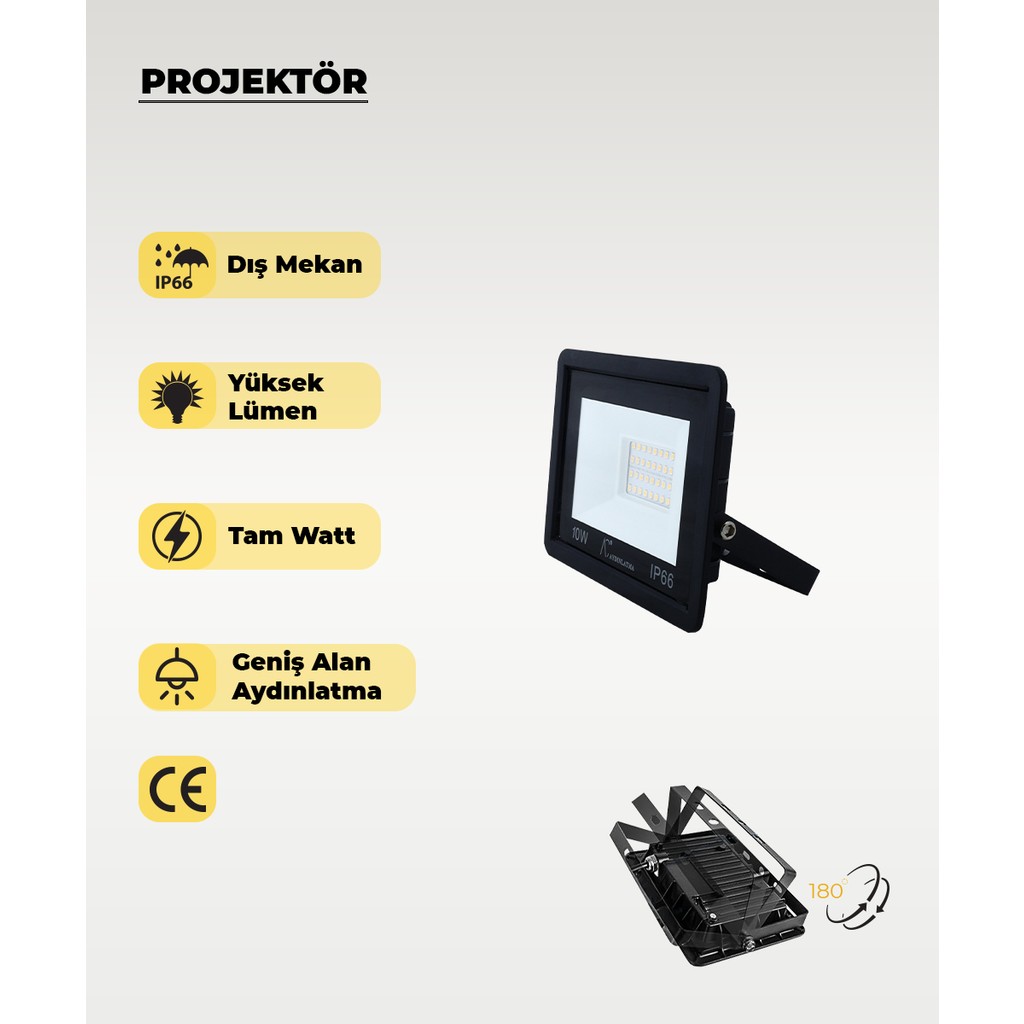 AC Aydınlatma 10W IP66 LED Projektör 6500K (Beyaz Işık) Projeksiyon Fiyatı