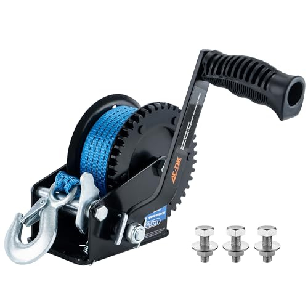 AC-DK 1600lbs Heavy Duty Boat Trailer Winch with 26FT Strap, 2-Way Ratchet & 4:1 Gear Trailer Winch, Portable Hand Crank Winch for Boat, Truck, Trailer, RV, ATV, Jet Ski