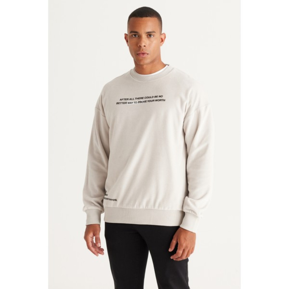 AC&Co / Altınyıldız Classics Erkek Açık Gri Loose Fit Pamuklu Kadife Bisiklet Yaka Uzun Kollu Sweatshirt Erkek Sweatshirt Fiyatı