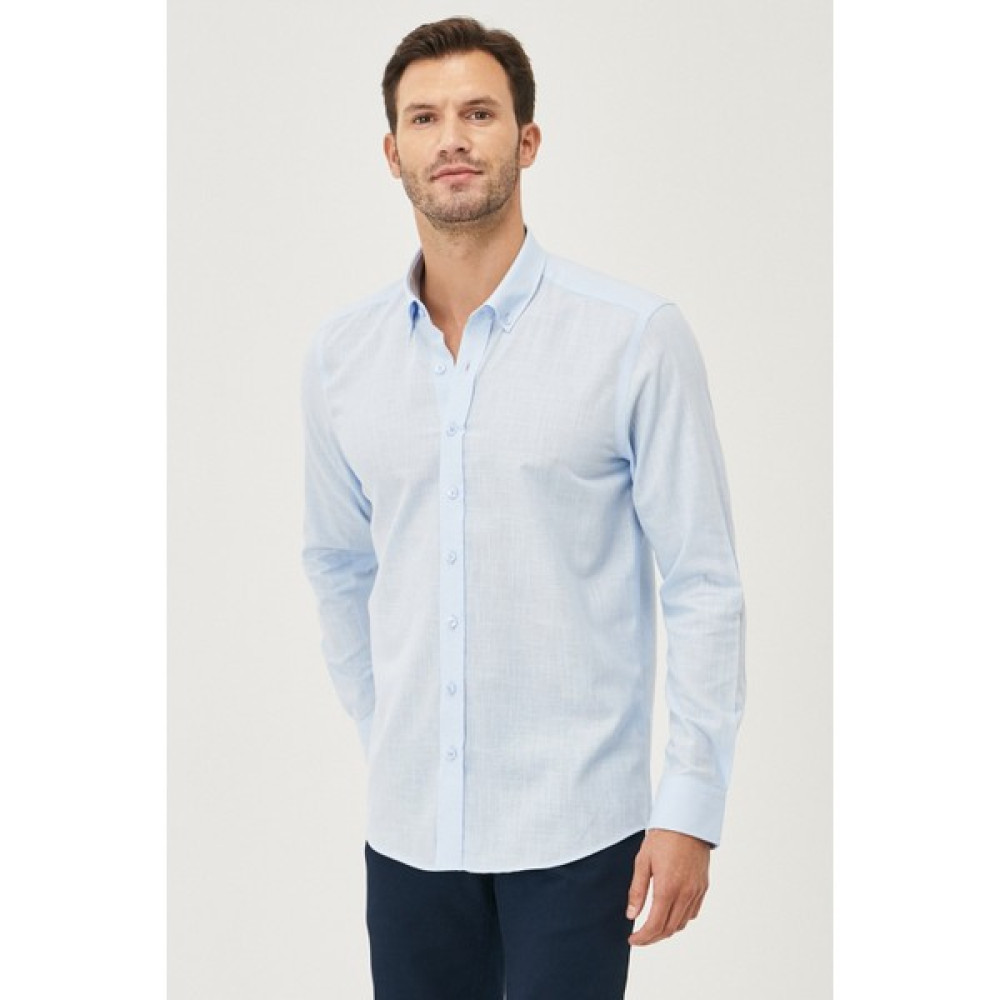 AC&Co / Altınyıldız Classics Erkek Açık Mavi Tailored Slim Fit Oxford Düğmeli Yaka Keten Görünümlü %100 Pamuk Flamlı Gömlek Erkek Gömlek Fiyatı