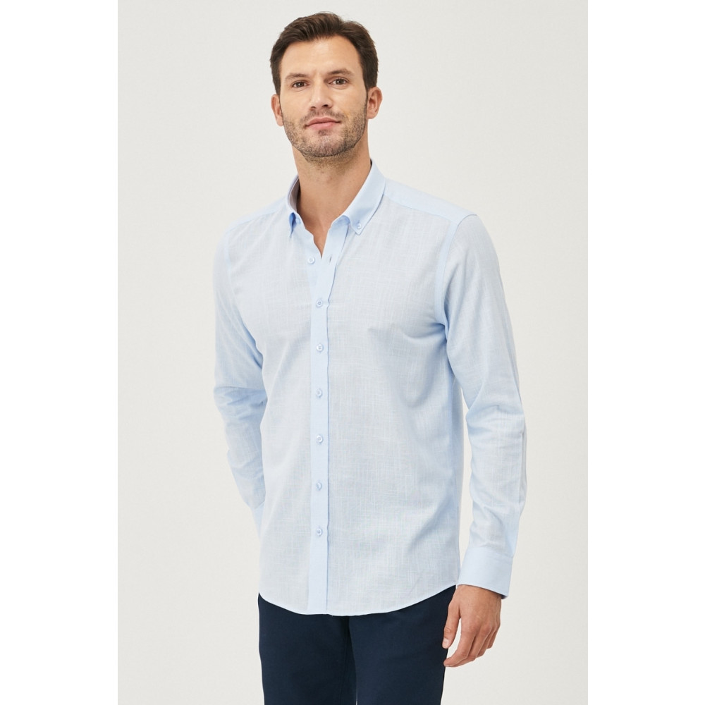 AC&Co / Altınyıldız Classics Erkek Açık Mavi Tailored Slim Fit Oxford Düğmeli Yaka Keten Görünümlü %100 Pamuk Flamlı Gömlek M Beden Kadın Gömlek Fiyatı