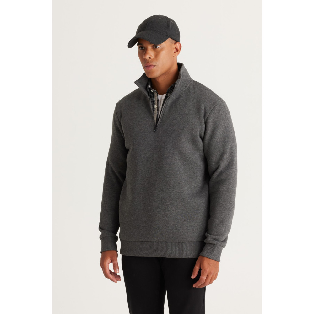AC&Co / Altınyıldız Classics Erkek Antrasit-melanj Standart Fit Normal Kesim Içi Polarlı Dik Bato Yaka Pamuklu Sweatshirt M Beden Bayan Sweatshirt Fiyatı