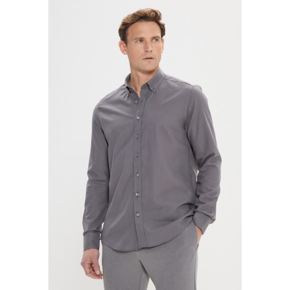 AC&Co / Altınyıldız Classics Erkek Antrasit Tailored Slim Fit Oxford Düğmeli Yaka Keten Görünümlü %100 Pamuk Flamlı Gömlek Erkek Gömlek Fiyatı