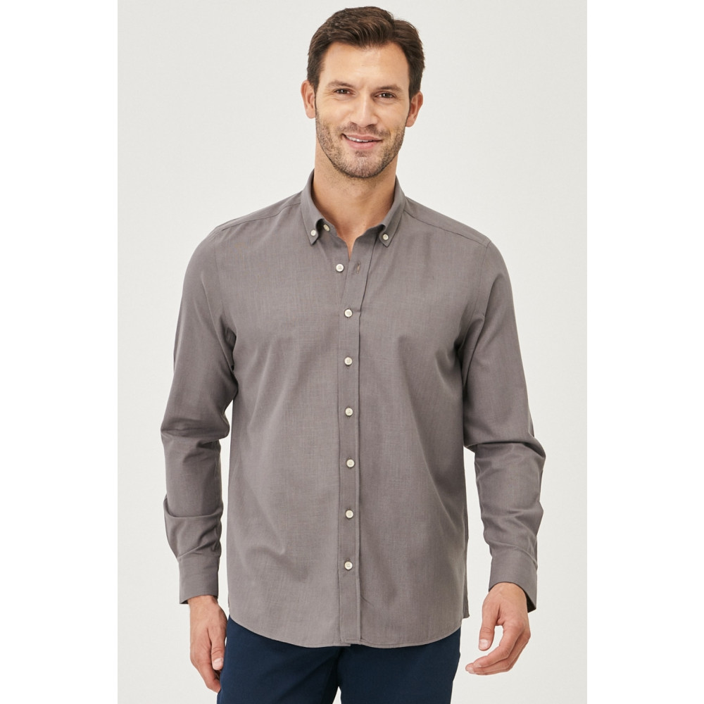 AC&Co / Altınyıldız Classics Erkek Antrasit Tailored Slim Fit Oxford Düğmeli Yaka Keten Görünümlü %100 Pamuk Flamlı Gömlek M Beden Kadın Gömlek Fiyatı