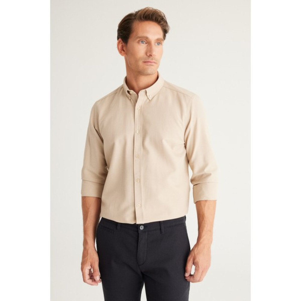 AC&Co / Altınyıldız Classics Erkek Bej Düğmeli Yaka Pamuklu Slim Fit Dar Kesim Oxford Gömlek Erkek Gömlek Fiyatı