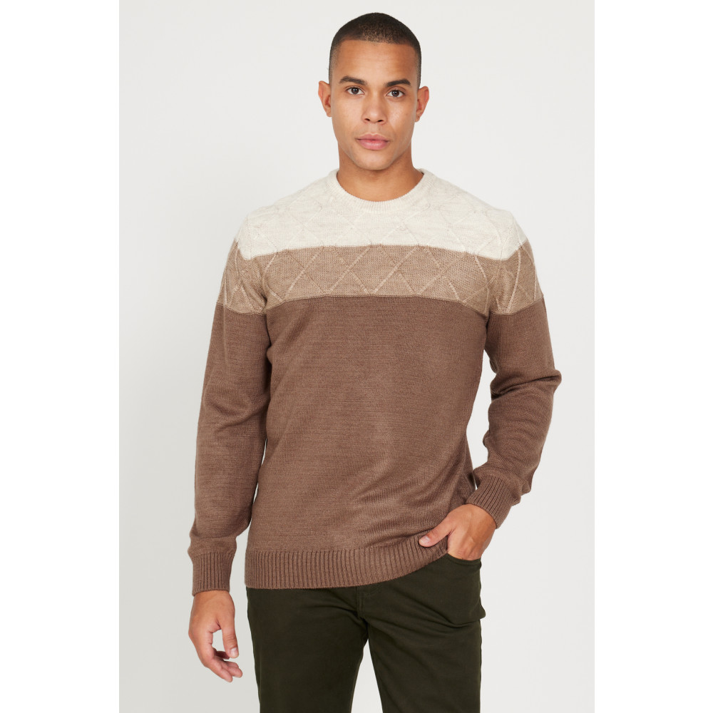 AC&Co / Altınyıldız Classics Erkek Bej-kahve Standart Fit Normal Kesim Bisiklet Yaka Colorblock Desenli Yünlü Triko Kazak S Beden Bayan Kazak & Süveter & Triko Fiyatı