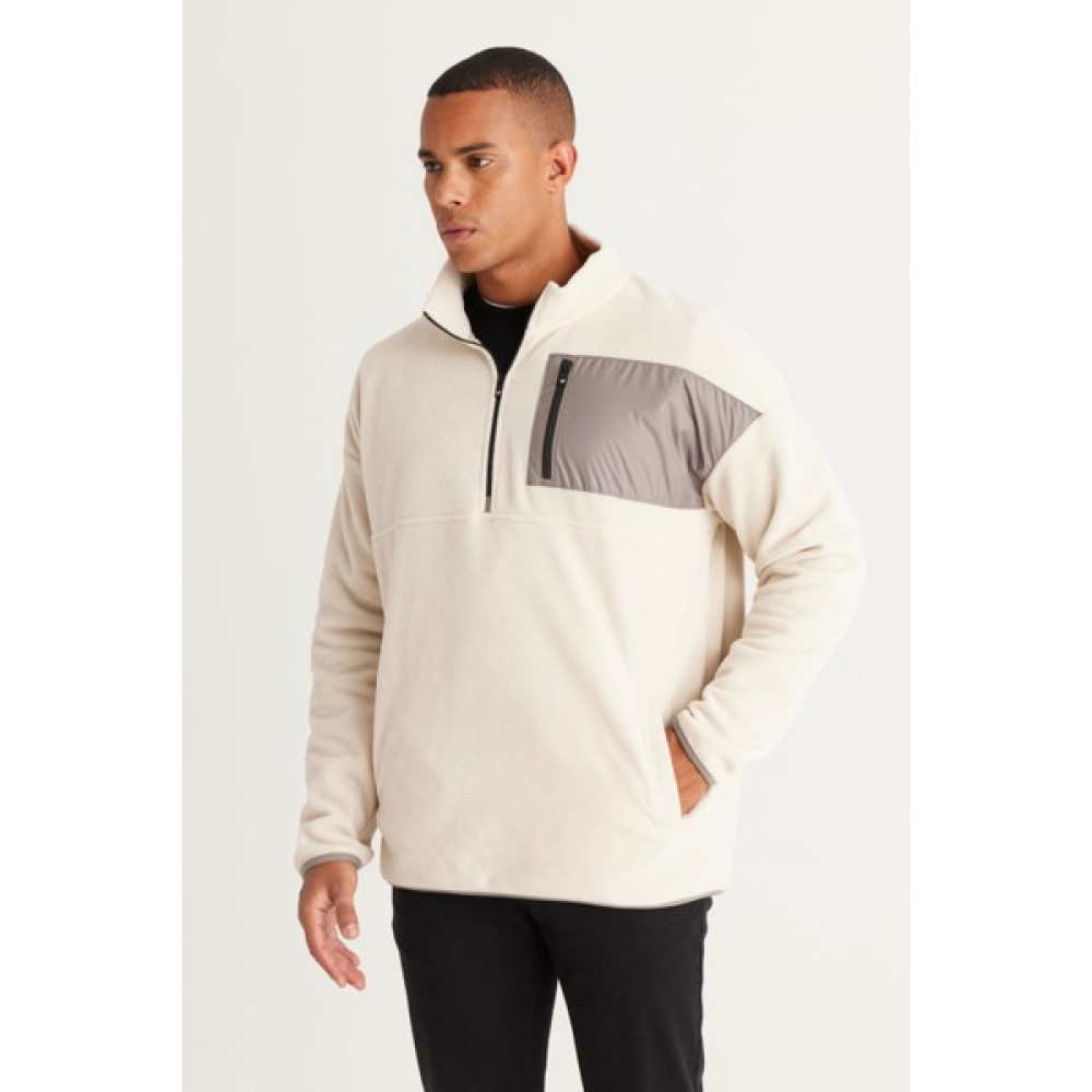 AC&Co / Altınyıldız Classics Erkek Bej Oversize Bol Kesim Bato Yaka Cep Detaylı Fermuarlı Soğuk Geçirmez Polar Sweatshirt Erkek Sweatshirt Fiyatı