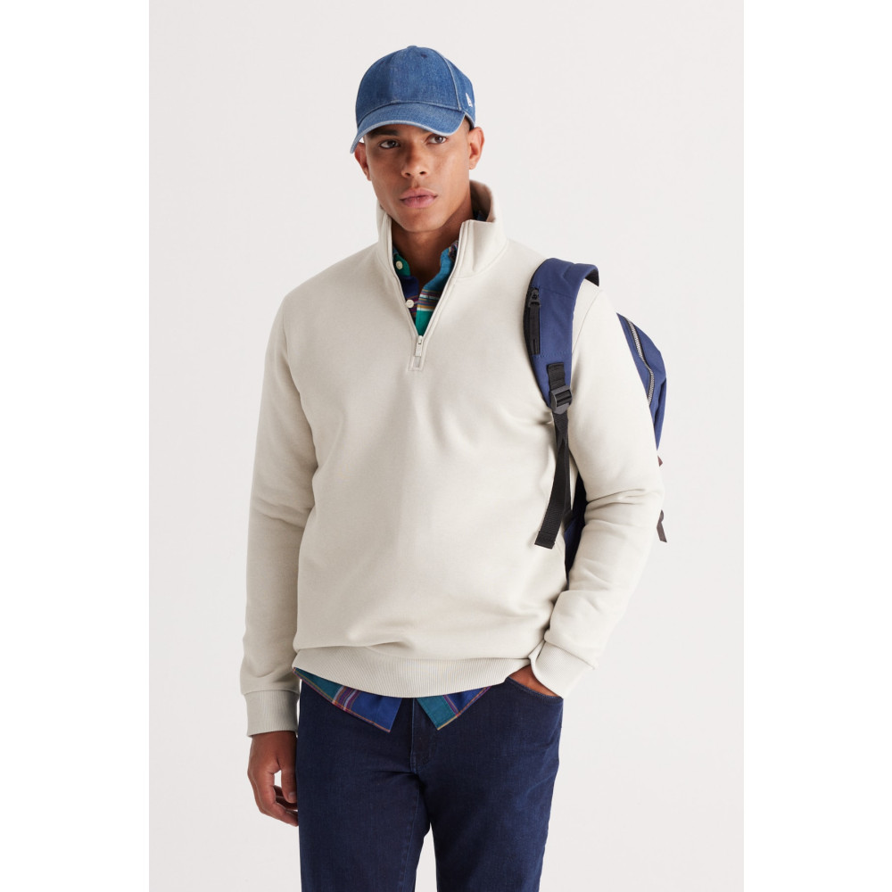 AC&Co / Altınyıldız Classics Erkek Bej Standart Fit Normal Kesim Dik Bato Yaka Pamuklu Sweatshirt S Beden Bayan Sweatshirt Fiyatı