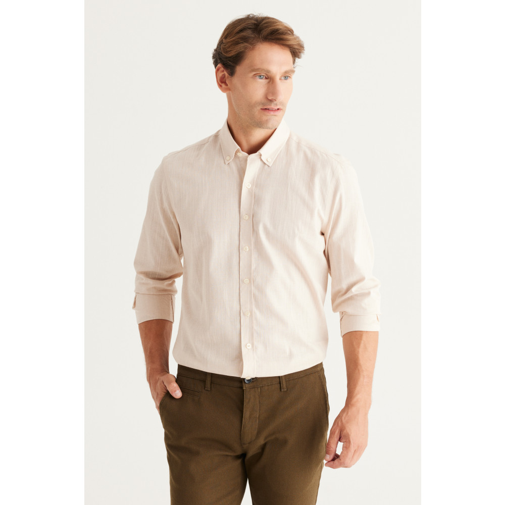 AC&Co / Altınyıldız Classics Erkek Bej Tailored Slim Fit Dar Kesim Oxford Düğmeli Yaka Keten Görünümlü %100 Pamuk Flamlı Gömlek S Beden Kadın Gömlek Fiyatı