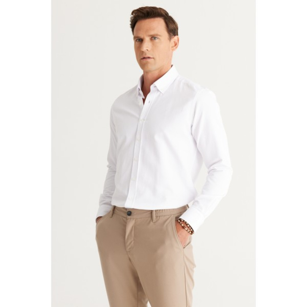 AC&Co / Altınyıldız Classics Erkek Beyaz Slim Fit Dar Kesim Oxford Düğmeli Yaka Armürlü Pamuklu Gömlek Erkek Gömlek Fiyatı