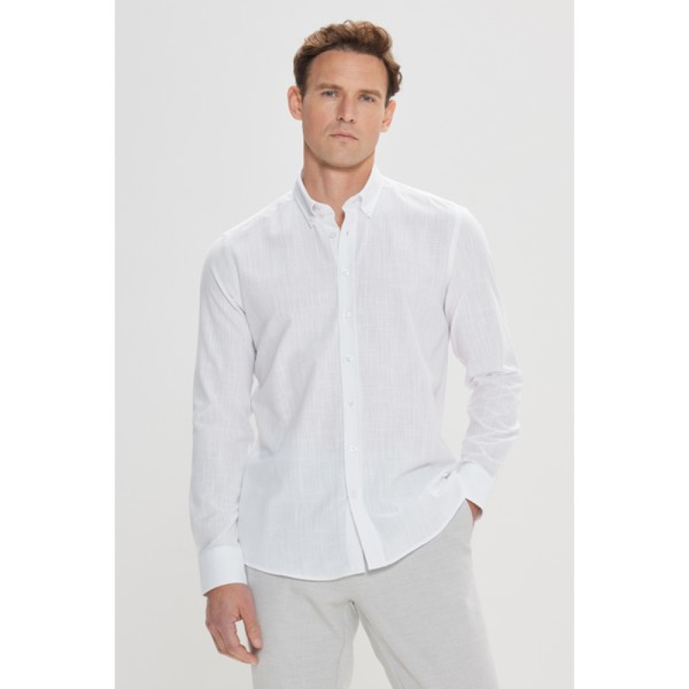 AC&Co / Altınyıldız Classics Erkek Beyaz Tailored Slim Fit Dar Kesim Oxford Düğmeli Yaka Keten Görünümlü %100 Pamuk Flamlı Gömlek Erkek Gömlek Fiyatı