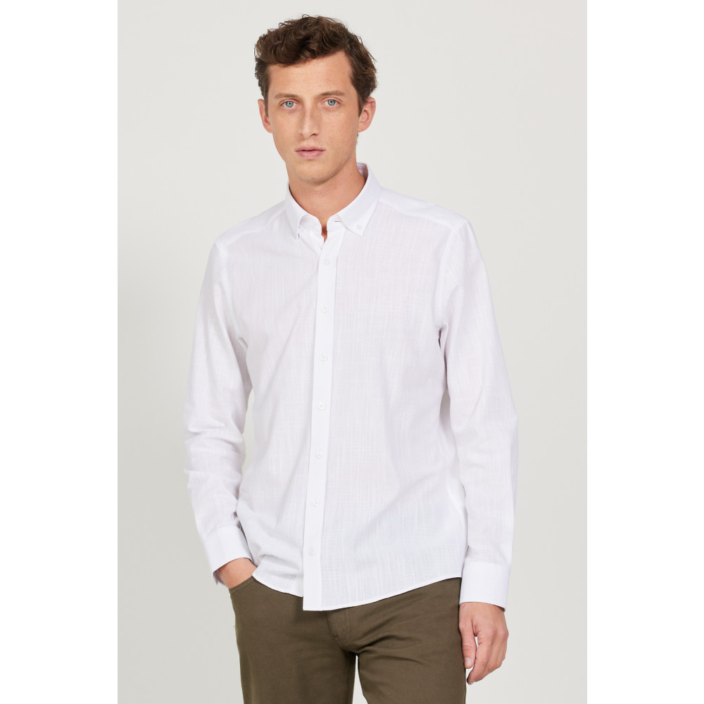 AC&Co / Altınyıldız Classics Erkek Beyaz Tailored Slim Fit Dar Kesim Oxford Düğmeli Yaka Keten Görünümlü %100 Pamuk Flamlı Gömlek L Beden Kadın Gömlek Fiyatı