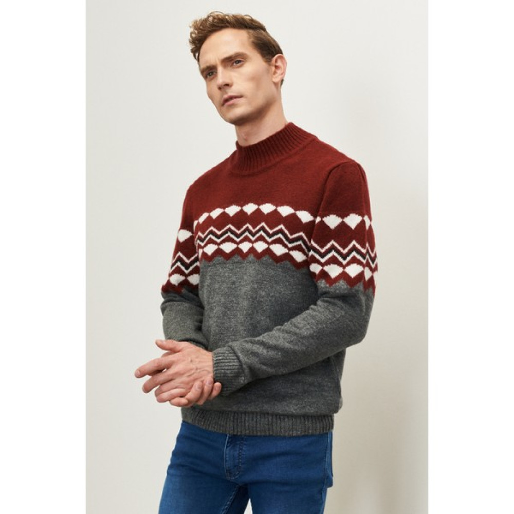 AC&Co / Altınyıldız Classics Erkek Bordo Antrasıt Standart Fit Normal Kesim Yarım Balıkçı Yaka Jakarlı Yumuşak Dokulu Triko Kazak Erkek Kazak & Süveter & Triko Fiyatı