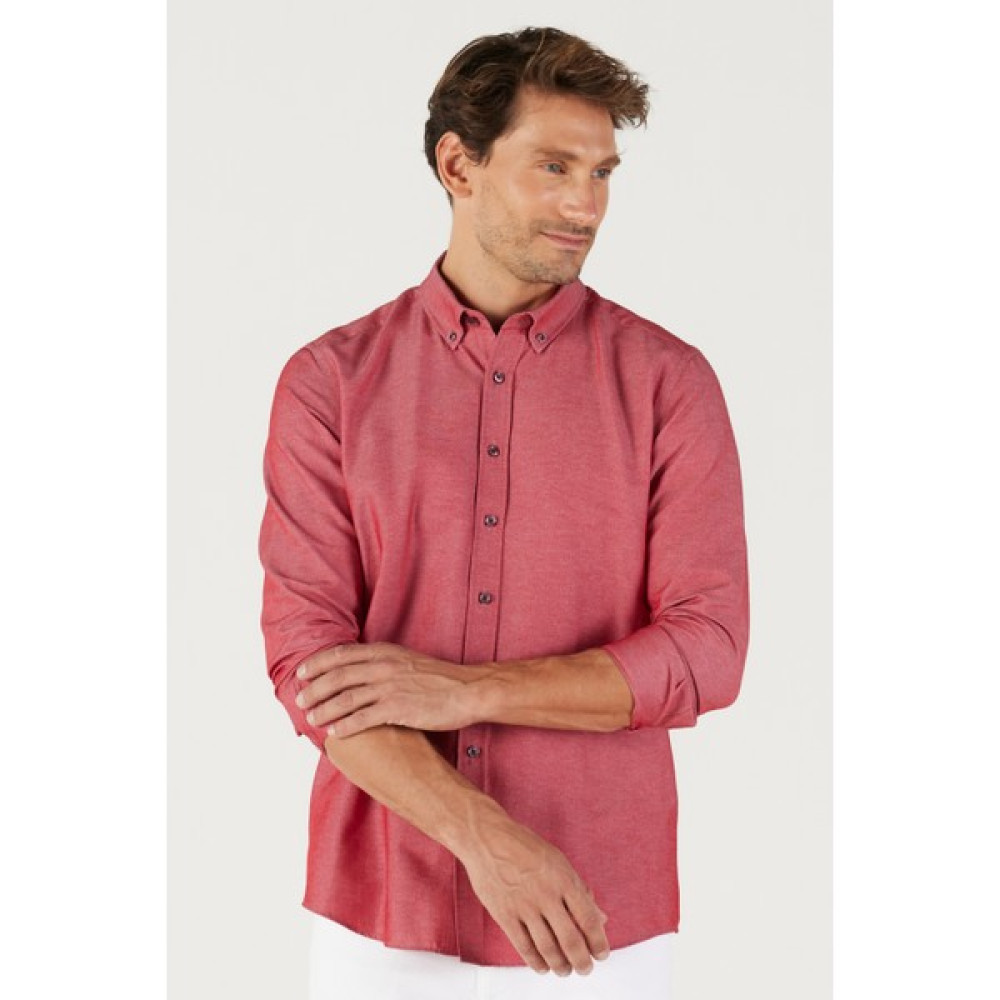 AC&Co / Altınyıldız Classics Erkek Bordo Düğmeli Yaka Pamuklu Slim Fit Dar Kesim Oxford Gömlek Erkek Gömlek Fiyatı