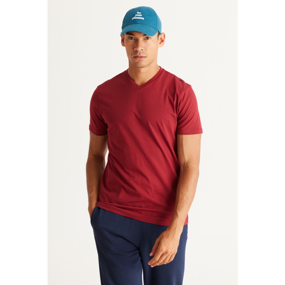 AC&Co / Altınyıldız Classics Erkek Bordo Slim Fit Dar Kesim %100 Pamuk V Yaka Kısa Kollu Tişört S Beden Bayan T-shirt Fiyatı