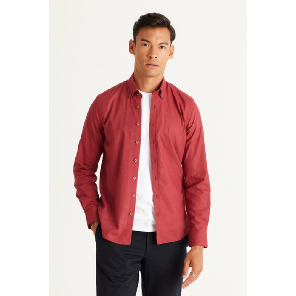 AC&Co / Altınyıldız Classics Erkek Bordo Tailored Slim Fit Dar Kesim Oxford Düğmeli Yaka Keten Görünümlü %100 Pamuk Flamlı Gömlek Erkek Gömlek Fiyatı