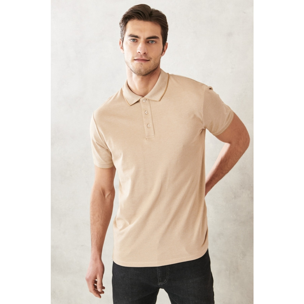 AC&Co / Altınyıldız Classics Erkek Çekmeyen Pamuklu Kumaş Slim Fit Dar Kesim Açık Bej-Beyaz Kıvrılmaz Polo Yaka Tişört S Beden Erkek T-shirt Fiyatı