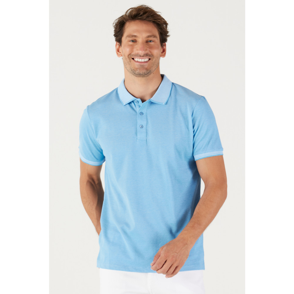 AC&Co / Altınyıldız Classics Erkek Çekmeyen Pamuklu Kumaş Slim Fit Dar Kesim Saks-Beyaz Kıvrılmaz Polo Yaka Tişört L Beden Erkek T-shirt Fiyatı