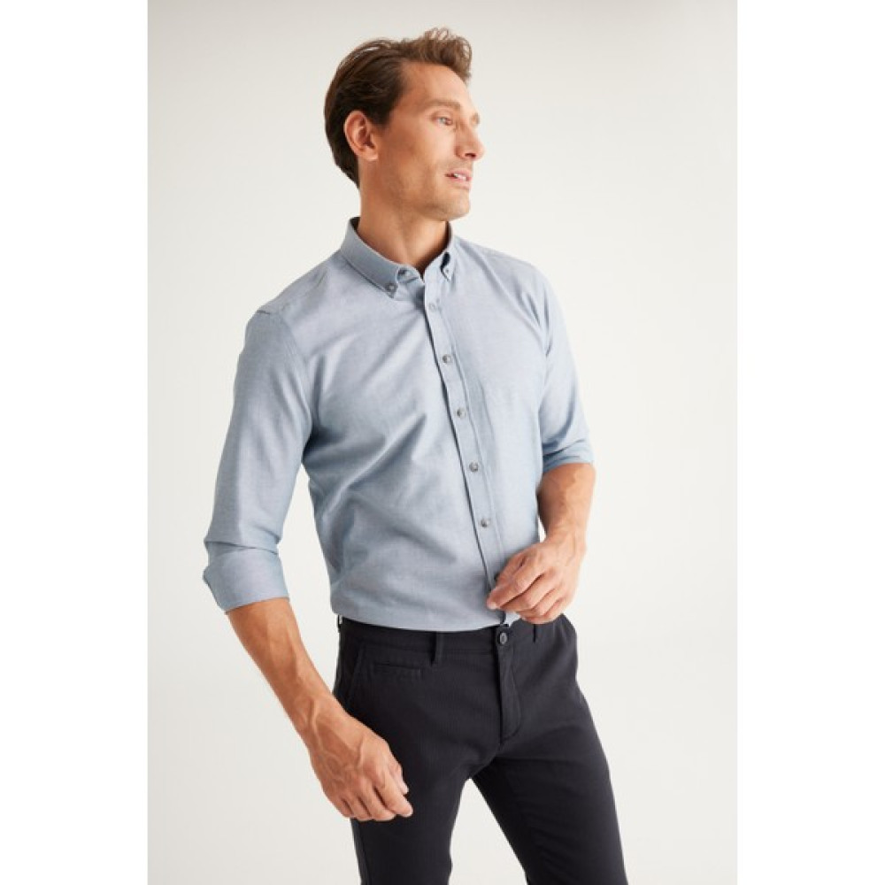 AC&Co / Altınyıldız Classics Erkek Gri Düğmeli Yaka Pamuklu Slim Fit Dar Kesim Oxford Gömlek Erkek Gömlek Fiyatı