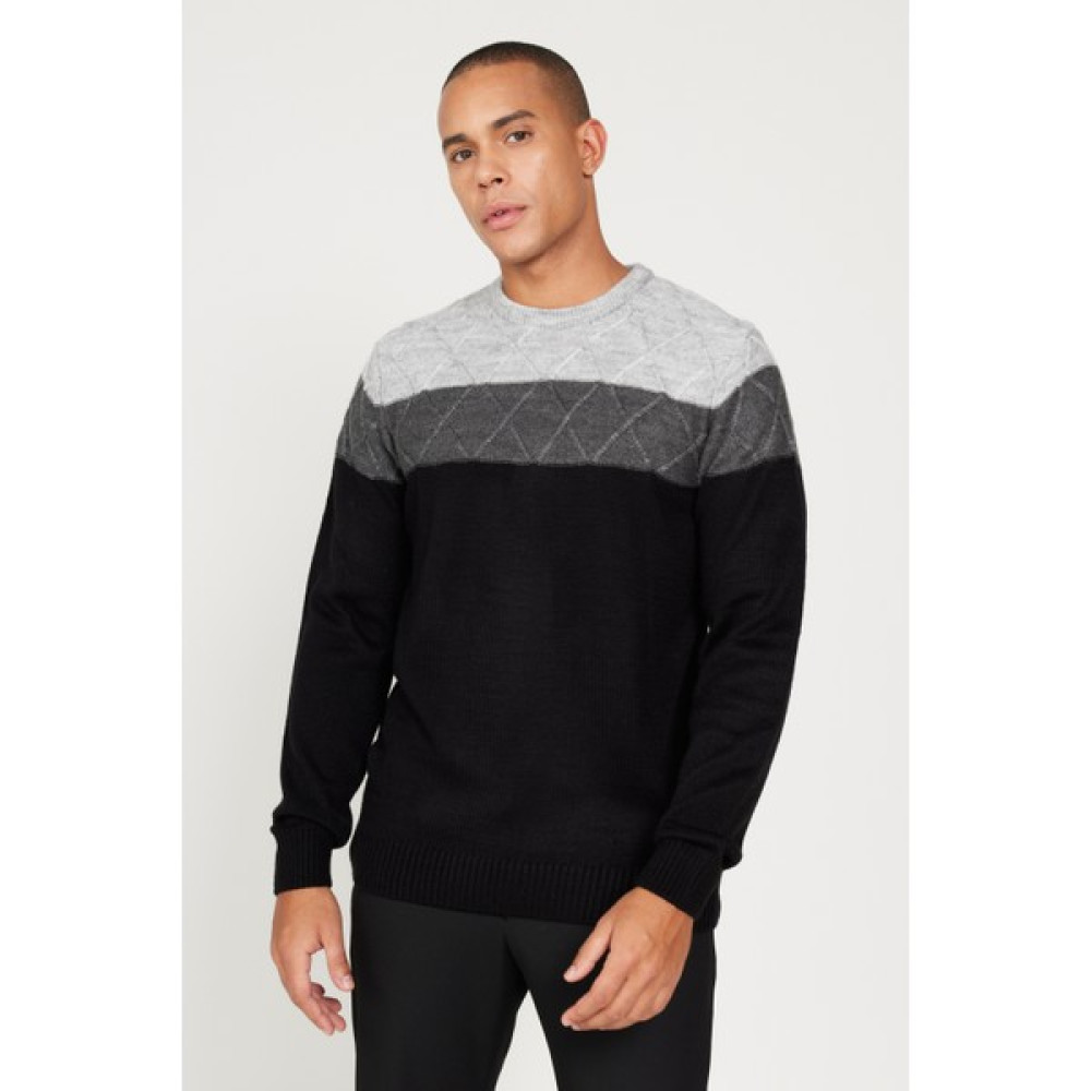 AC&Co / Altınyıldız Classics Erkek Gri-siyah Standart Fit Normal Kesim Bisiklet Yaka Colorblock Desenli Yünlü Triko Kazak Erkek Kazak & Süveter & Triko Fiyatı