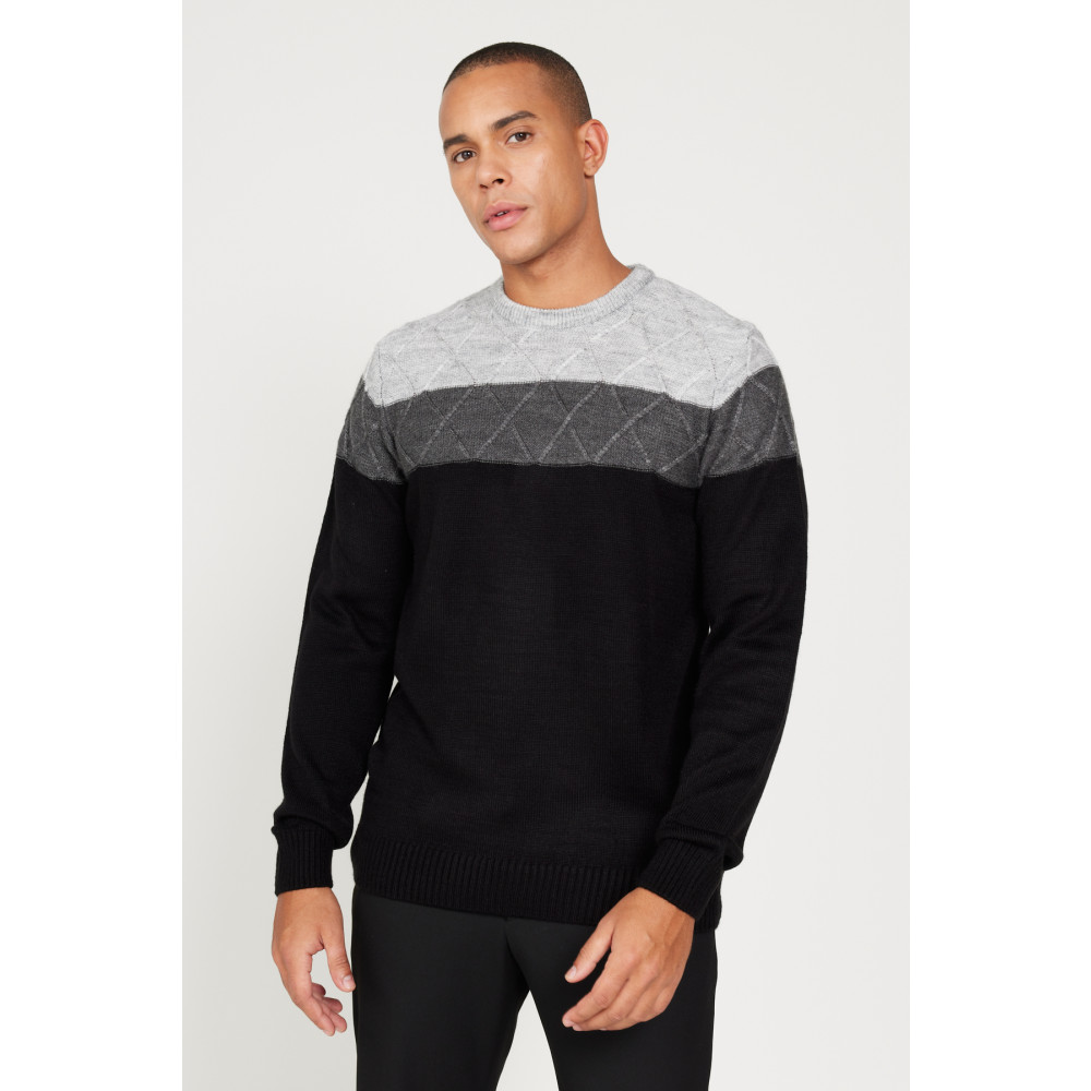 AC&Co / Altınyıldız Classics Erkek Gri-siyah Standart Fit Normal Kesim Bisiklet Yaka Colorblock Desenli Yünlü Triko Kazak M Beden Bayan Kazak & Süveter & Triko Fiyatı