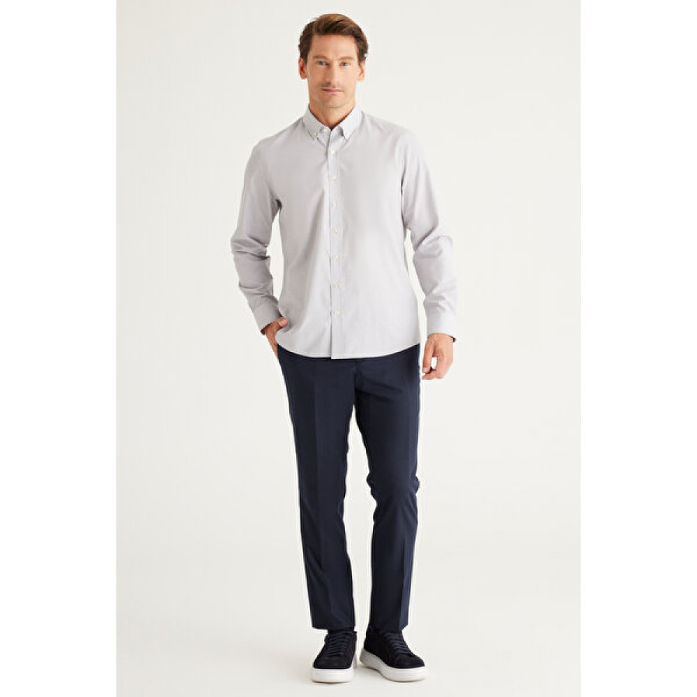 AC&Co / Altınyıldız Classics Erkek Gri Slim Fit Dar Kesim Oxford Düğmeli Yaka Pötikareli Pamuklu Gömlek Erkek Gömlek Fiyatı