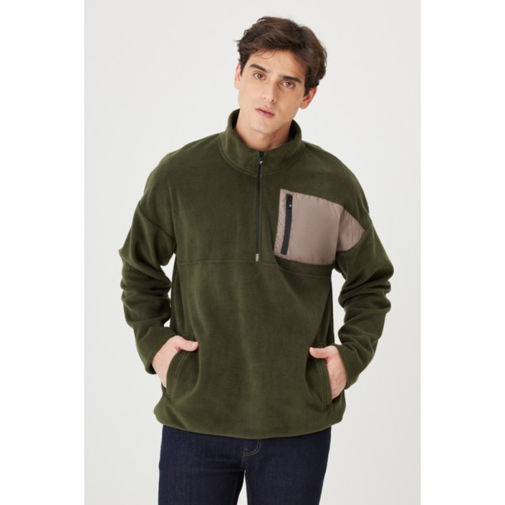 AC&Co / Altınyıldız Classics Erkek Haki Oversize Bol Kesim Bato Yaka Cep Detaylı Fermuarlı Soğuk Geçirmez Polar Sweatshirt Erkek Sweatshirt Fiyatı