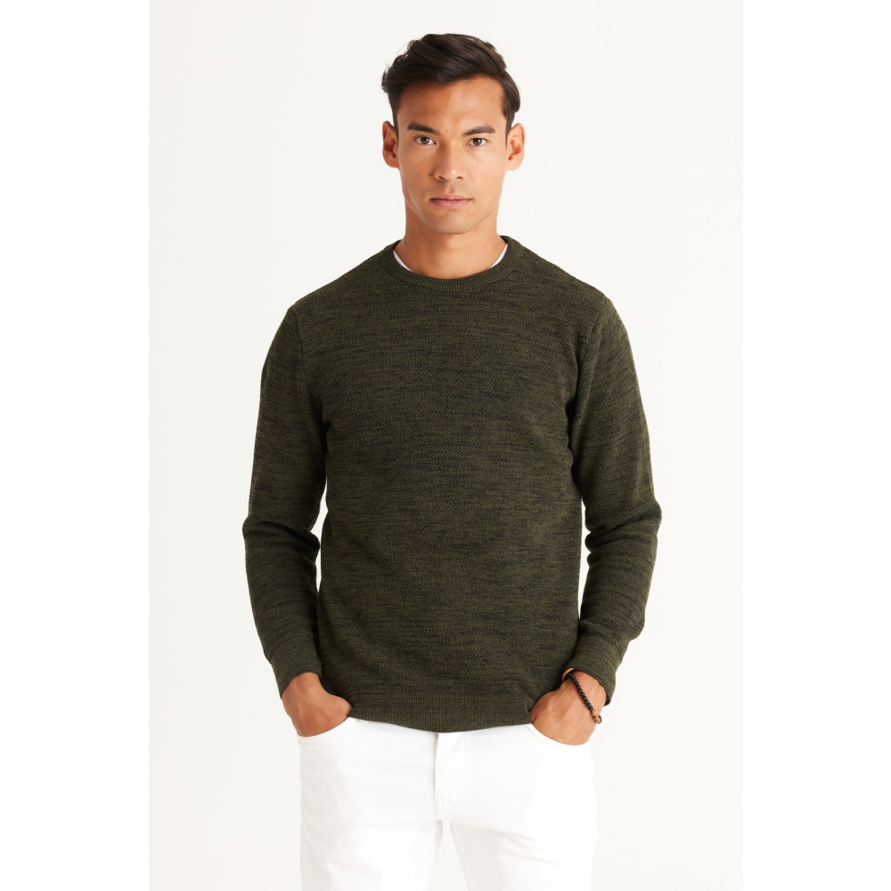 AC&Co / Altınyıldız Classics Erkek Hakı-sıyah Standart Fit Normal Kesim Bisiklet Yaka Desenli Triko Kazak 3XL Beden Bayan Kazak & Süveter & Triko Fiyatı