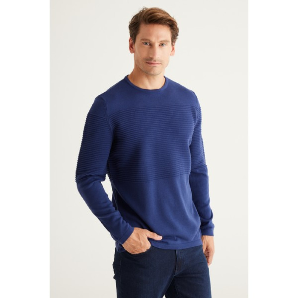AC&Co / Altınyıldız Classics Erkek Indigo Anti-pilling Özellikli Tüylenme Yapmayan Standart Fit Bisiklet Yaka Dokulu Triko Kazak Erkek Kazak & Süveter & Triko Fiyatı