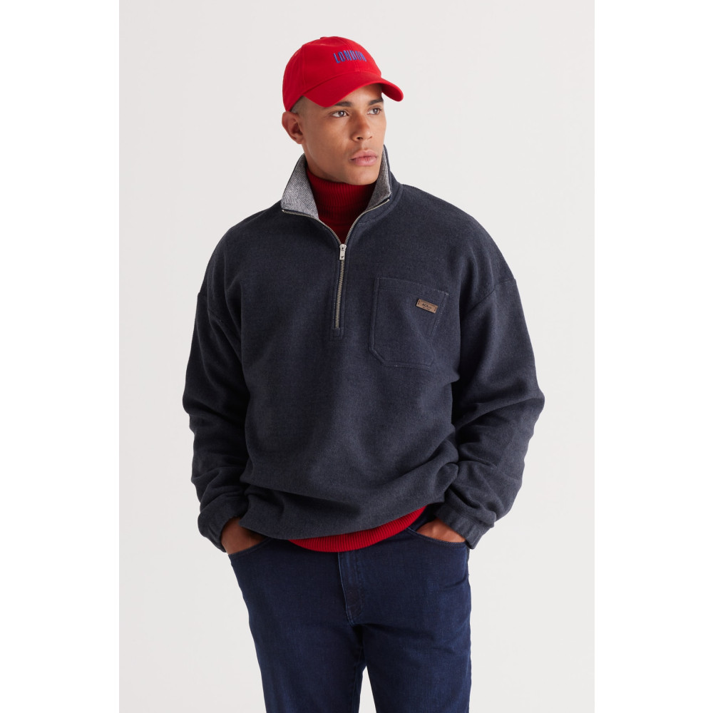AC&Co / Altınyıldız Classics Erkek Indigo Melanj Loose Fit Içi Polarlı Iplik Dik Bato Yaka Pamuklu Sweatshirt L Beden Bayan Sweatshirt Fiyatı