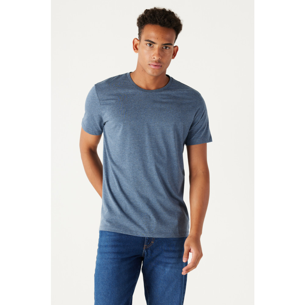 AC&Co / Altınyıldız Classics Erkek Indigo Melanj Pamuklu Slim Fit Dar Kesim Bisiklet Yaka Kısa Kollu Tişört S Beden Bayan T-shirt Fiyatı
