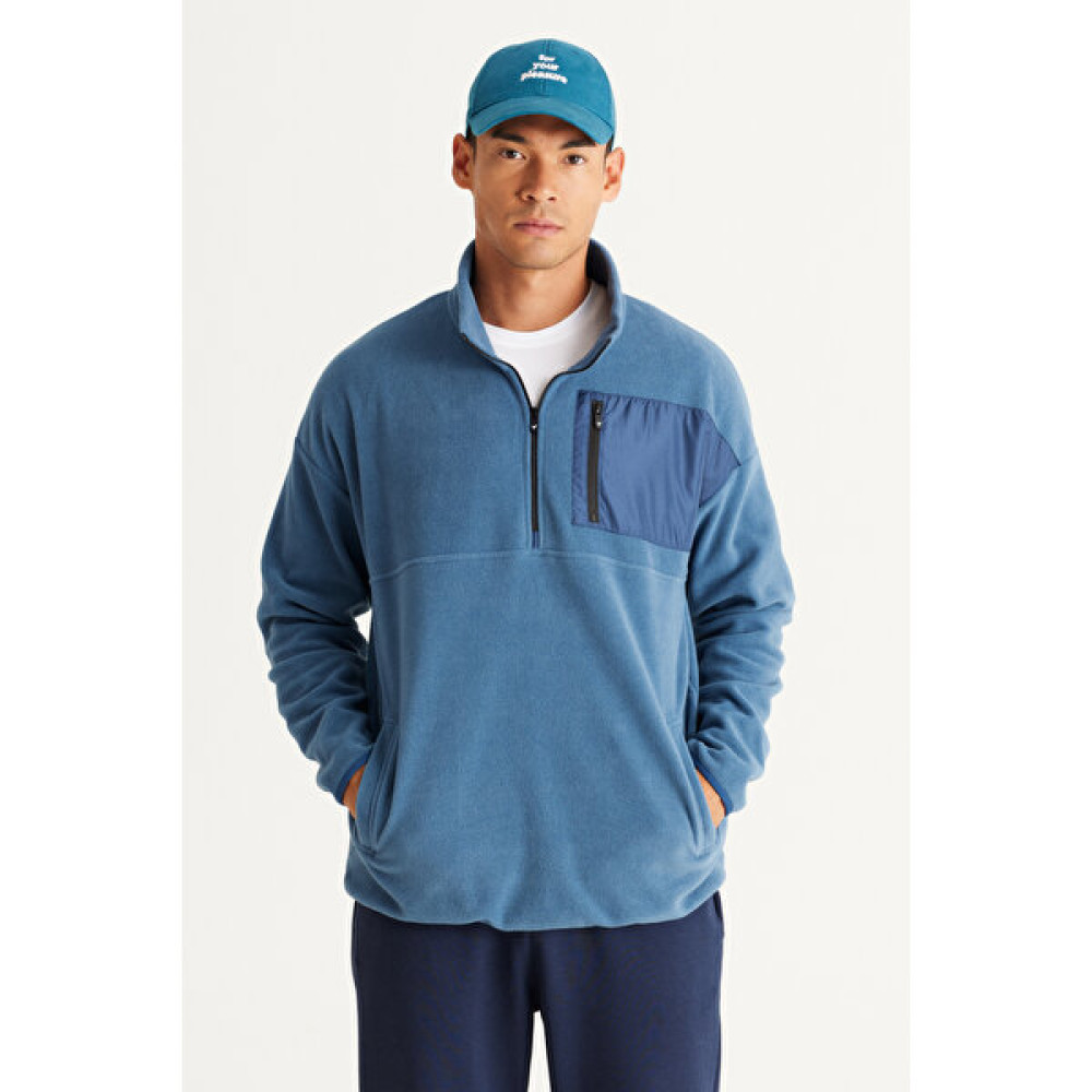 AC&Co / Altınyıldız Classics Erkek Indigo Oversize Bol Kesim Bato Yaka Cep Detaylı Fermuarlı Isı Tutan Polar Sweatshirt Erkek Sweatshirt Fiyatı