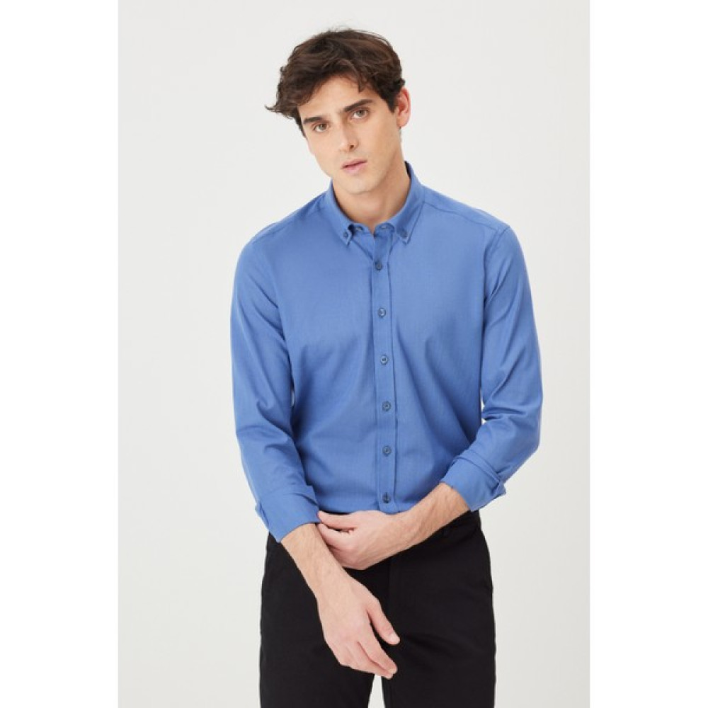AC&Co / Altınyıldız Classics Erkek Indigo Tailored Slim Fit Oxford Düğmeli Yaka Keten Görünümlü %100 Pamuk Flamlı Gömlek Erkek Gömlek Fiyatı