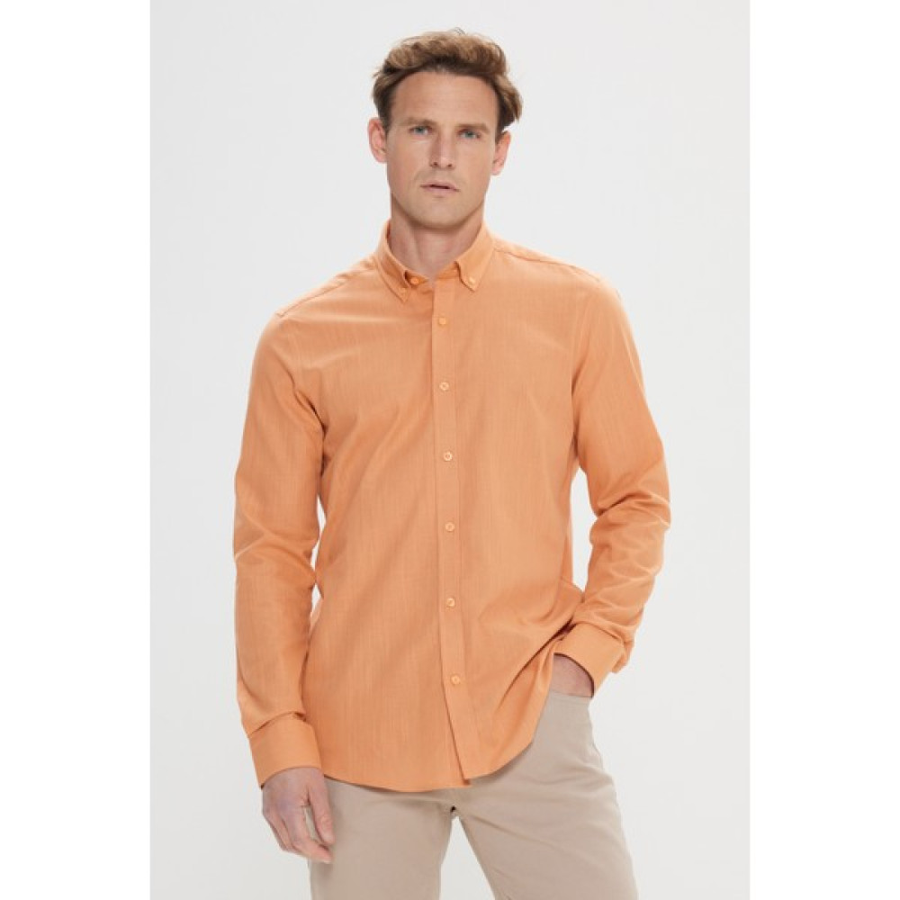 AC&Co / Altınyıldız Classics Erkek Kiremit Tailored Slim Fit Oxford Düğmeli Yaka Keten Görünümlü %100 Pamuk Flamlı Gömlek Erkek Gömlek Fiyatı