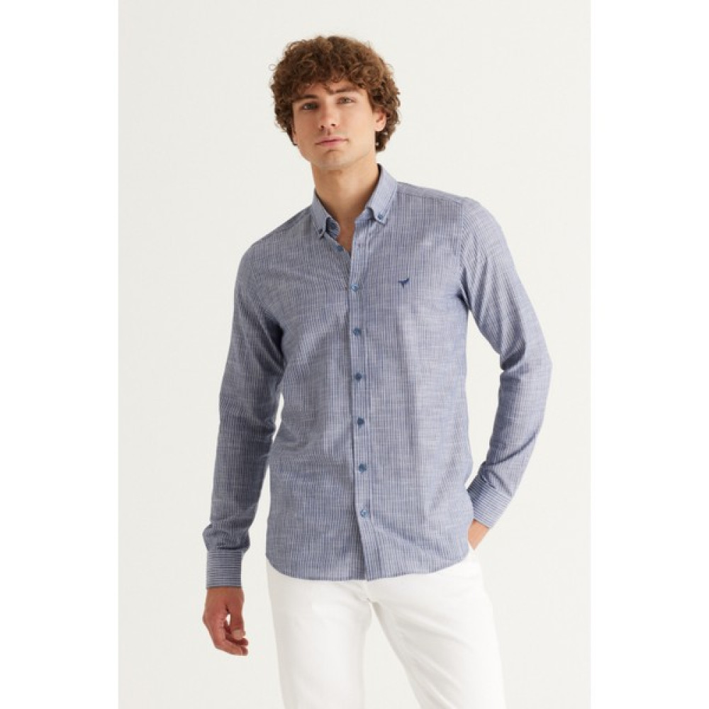 AC&Co / Altınyıldız Classics Erkek Lacivert-beyaz Slim Fit Dar Kesim Düğmeli Yaka %100 Pamuk Çizgili Gömlek Erkek Gömlek Fiyatı