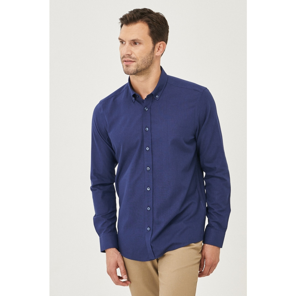 AC&Co / Altınyıldız Classics Erkek Lacivert Tailored Slim Fit Oxford Düğmeli Yaka Keten Görünümlü %100 Pamuk Flamlı Gömlek M Beden Kadın Gömlek Fiyatı