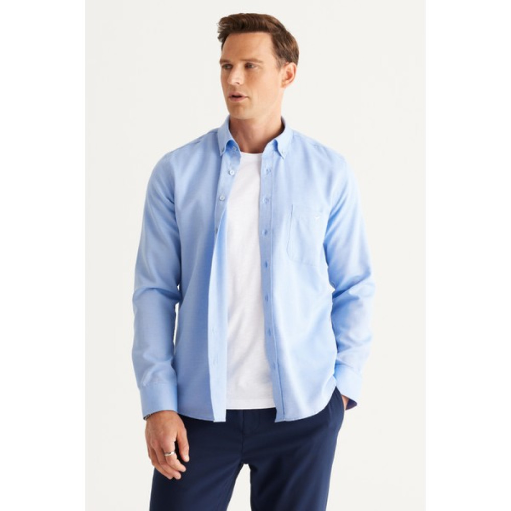 AC&Co / Altınyıldız Classics Erkek Mavi Slim Fit Dar Kesim Düğmeli Yaka Pamuklu Oxford Gömlek Erkek Gömlek Fiyatı