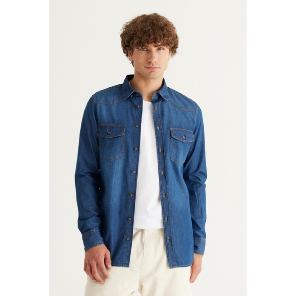 AC&Co / Altınyıldız Classics Erkek Mavi Slim Fit Dar Kesim Gizli Düğmeli Yaka %100 Pamuk Denim Gömlek Erkek Gömlek Fiyatı