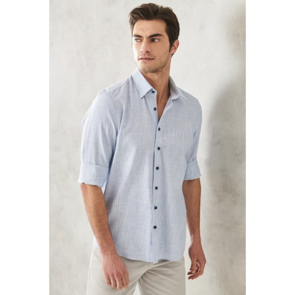 AC&Co / Altınyıldız Classics Erkek Mavi Slim Fit Dar Kesim Gizli Düğmeli Yaka Keten Görünümlü %100 Pamuk Flamlı Gömlek Erkek Gömlek Fiyatı