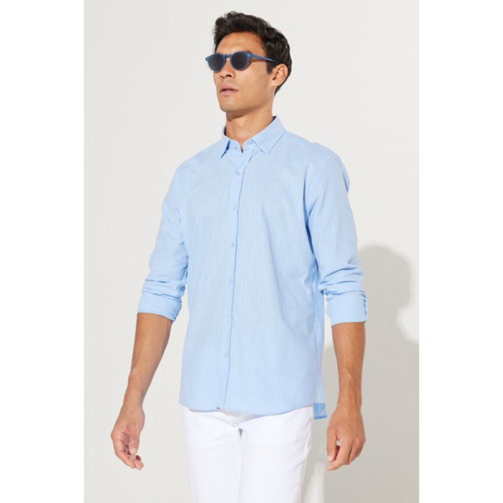 AC&Co / Altınyıldız Classics Erkek Mavi Tailored Slim Fit Dar Kesim Oxford Düğmeli Yaka Keten Görünümlü %100 Pamuk Flamlı Gömlek Erkek Gömlek Fiyatı