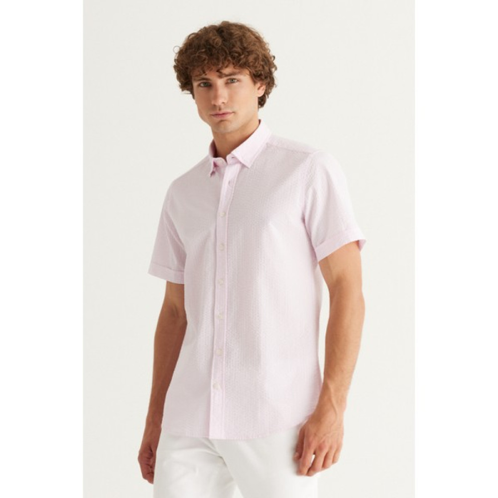 AC&Co / Altınyıldız Classics Erkek Pembe Slim Fit Dar Kesim Gizli Düğmeli Yaka %100 Pamuk Gofre Desenli Kısa Kollu Gömlek Erkek Gömlek Fiyatı