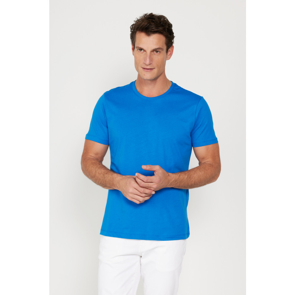 AC&Co / Altınyıldız Classics Erkek Saks Mavi %100 Pamuk Slim Fit Dar Kesim Bisiklet Yaka Kısa Kollu Tişört S Beden Bayan T-shirt Fiyatı