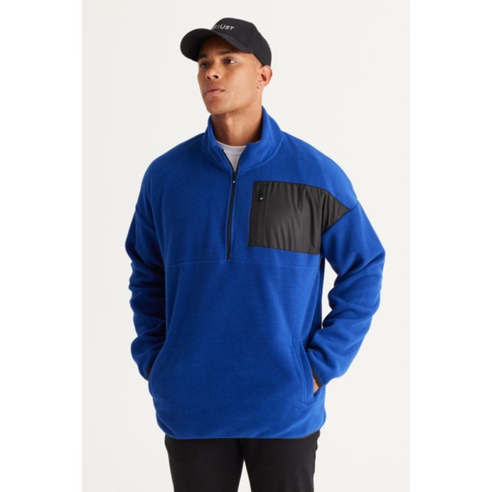 AC&Co / Altınyıldız Classics Erkek Saks Oversize Bol Kesim Bato Yaka Cep Detaylı Fermuarlı Soğuk Geçirmez Polar Sweatshirt Erkek Sweatshirt Fiyatı