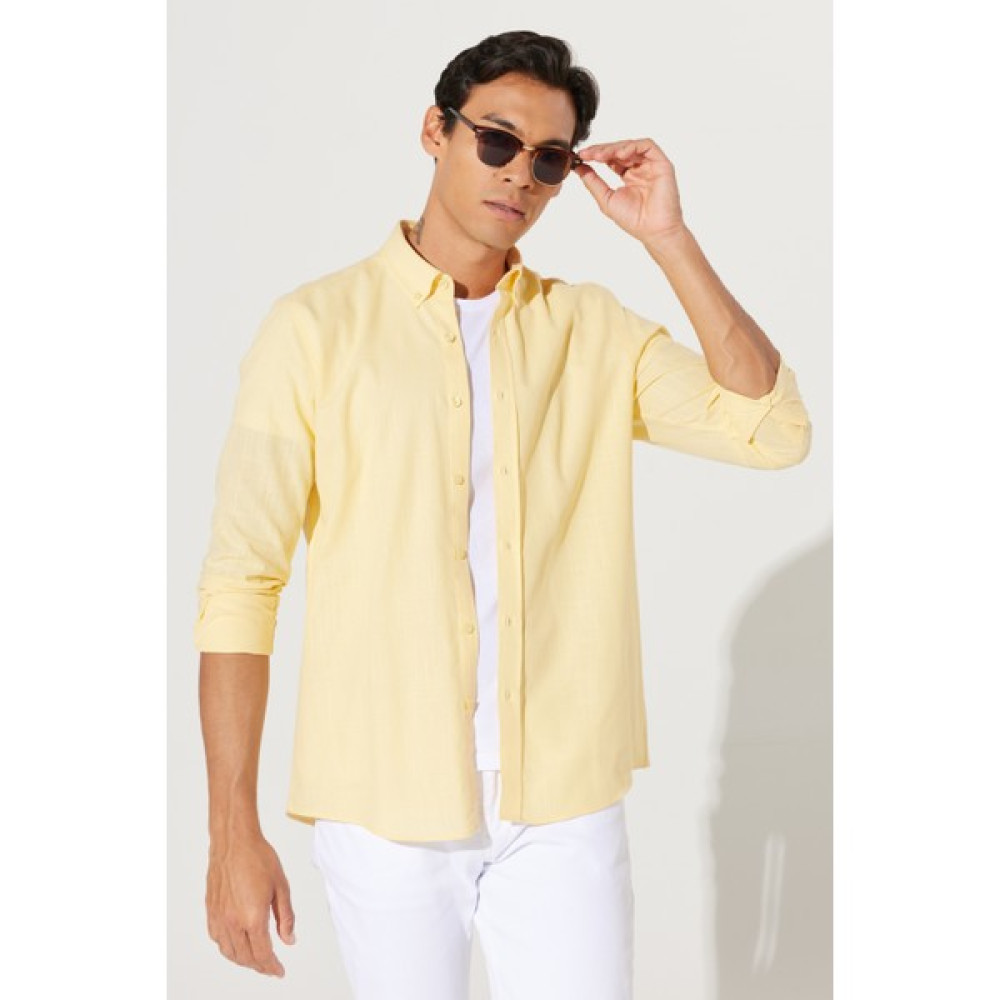 AC&Co / Altınyıldız Classics Erkek Sarı Tailored Slim Fit Dar Kesim Oxford Düğmeli Yaka Keten Görünümlü %100 Pamuk Flamlı Gömlek Erkek Gömlek Fiyatı