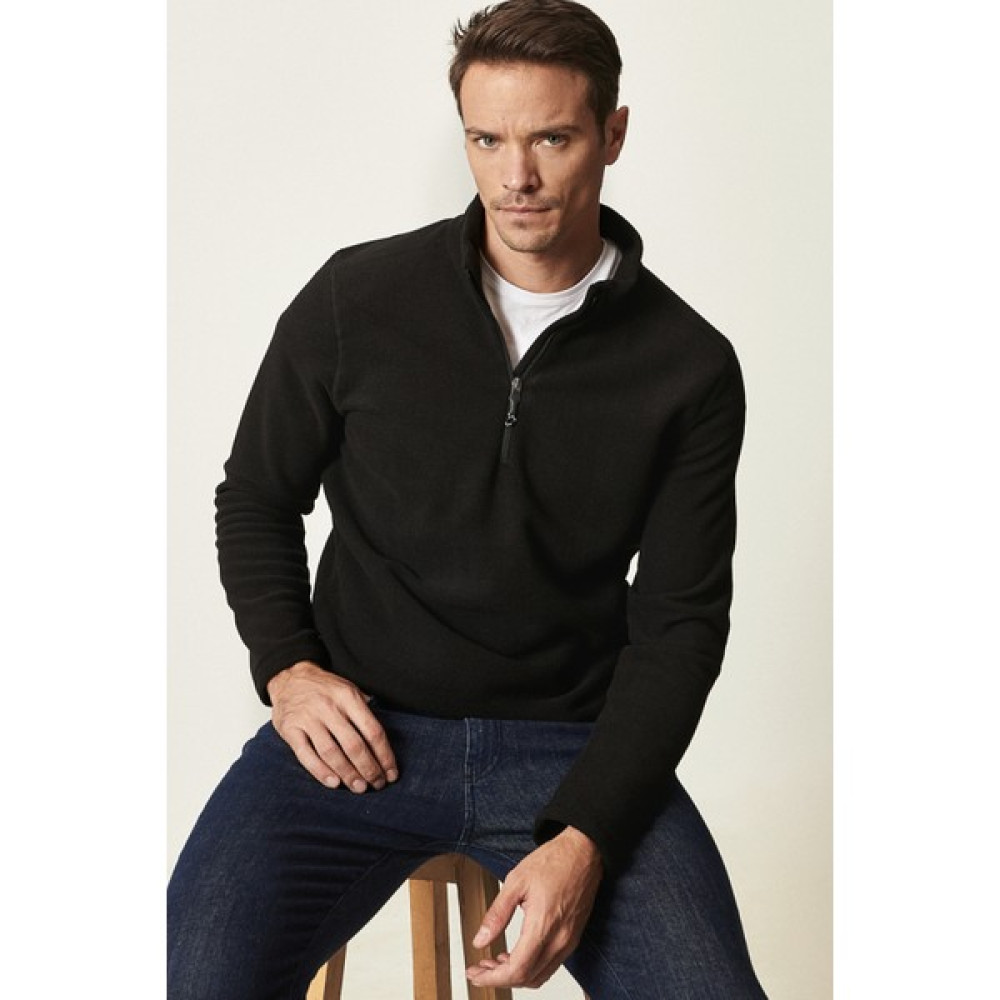 AC&Co / Altınyıldız Classics Erkek Siyah Anti-pilling Tüylenme Yapmayan Standart Fit Bato Yaka Soğuk Geçirmez Polar Sweatshirt Erkek Sweatshirt Fiyatı