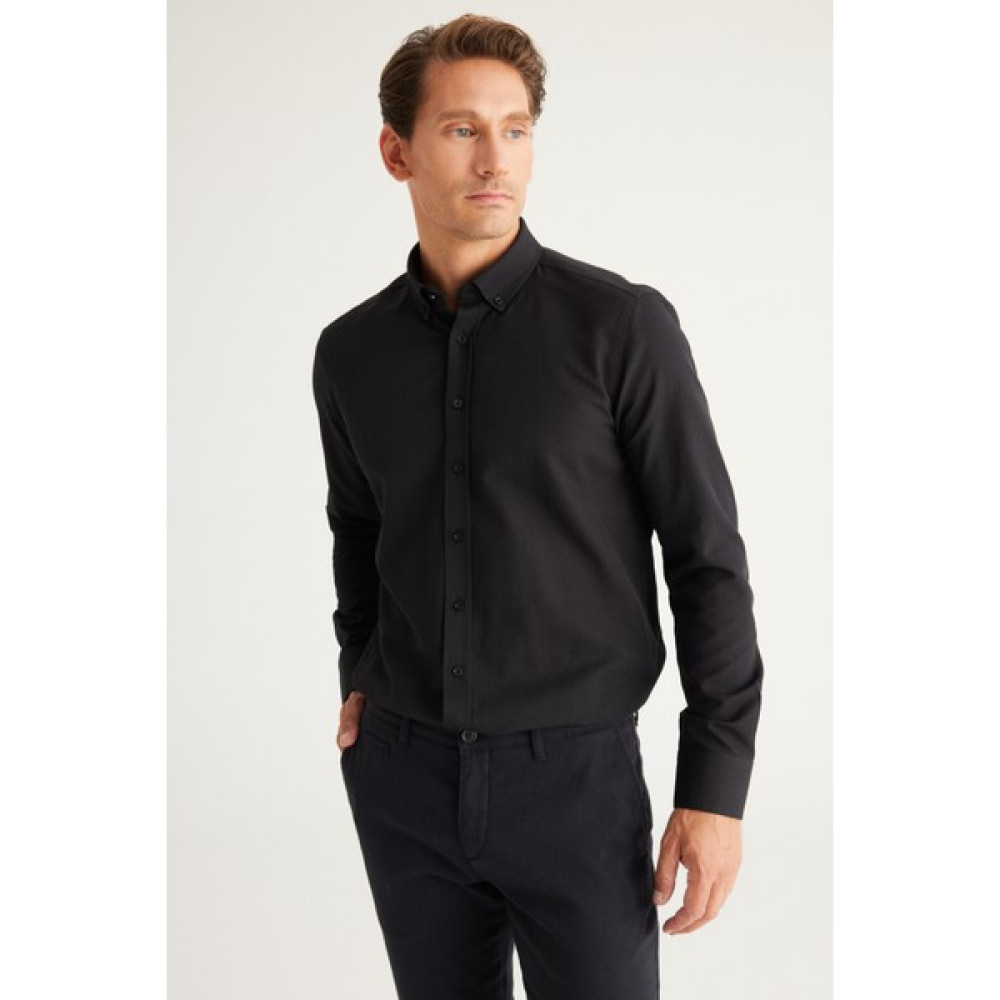 AC&Co / Altınyıldız Classics Erkek Siyah Düğmeli Yaka Pamuklu Slim Fit Dar Kesim Oxford Gömlek Erkek Gömlek Fiyatı