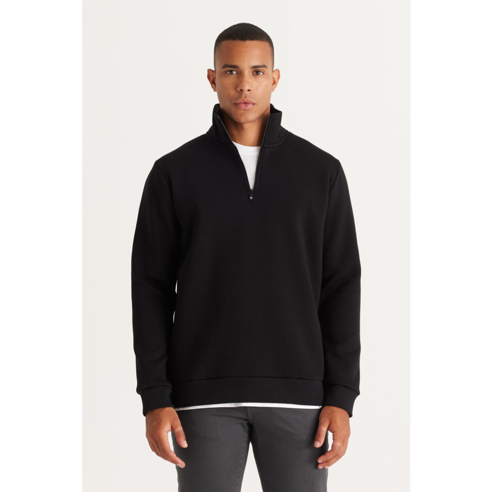 AC&Co / Altınyıldız Classics Erkek Siyah Standart Fit Normal Kesim Içi Polarlı Dik Bato Yaka Pamuklu Sweatshirt S Beden Bayan Sweatshirt Fiyatı