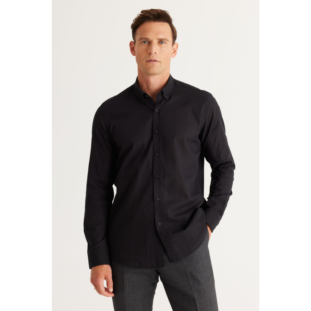 AC&Co / Altınyıldız Classics Erkek Siyah Tailored Slim Fit Dar Kesim Oxford Düğmeli Yaka Keten Görünümlü %100 Pamuk Flamlı Gömlek M Beden Kadın Gömlek Fiyatı