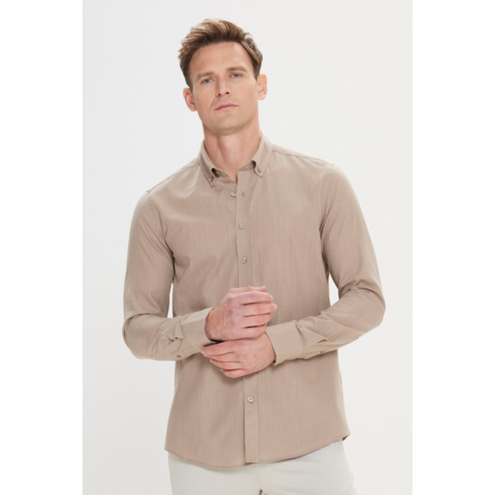 AC&Co / Altınyıldız Classics Erkek Vizon Tailored Slim Fit Dar Kesim Oxford Düğmeli Yaka Keten Görünümlü %100 Pamuk Flamlı Gömlek Erkek Gömlek Fiyatı